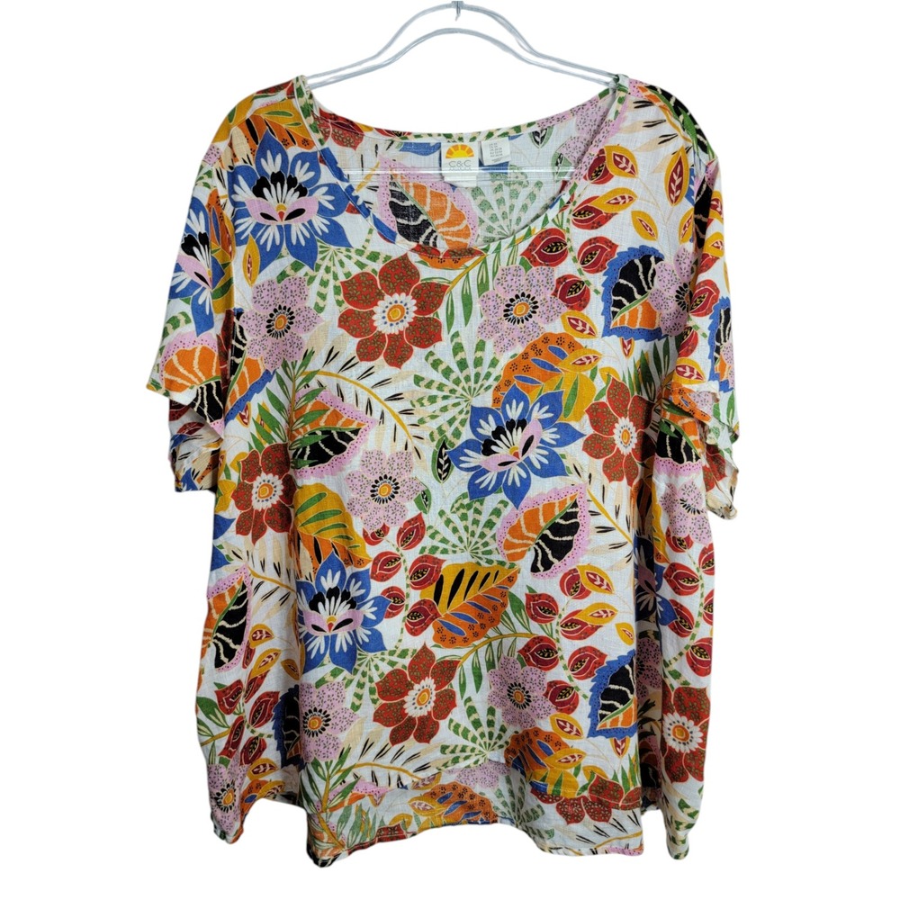 C&C California Womens 3X Top Multicolor Floral Linen Short Sleeve Scoop Neck